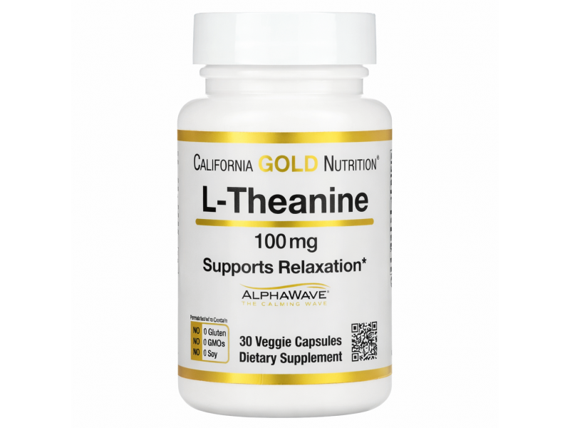 L-Theanine California Gold Nutrition 100 мг, 30 вегетаріанських капсул — L-теанін у формі AlphaWave