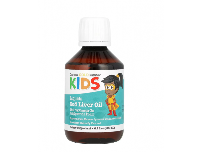 California Gold Nutrition Norwegian Kids Cod Liver Oil, 200 мл — норвезький жир із печінки тріски для дітей, полуниця California Gold Nutrition Norwegian Kids Cod Liver Oil, 200 мл — норвезький жир із печінки тріски для дітей, полуниця