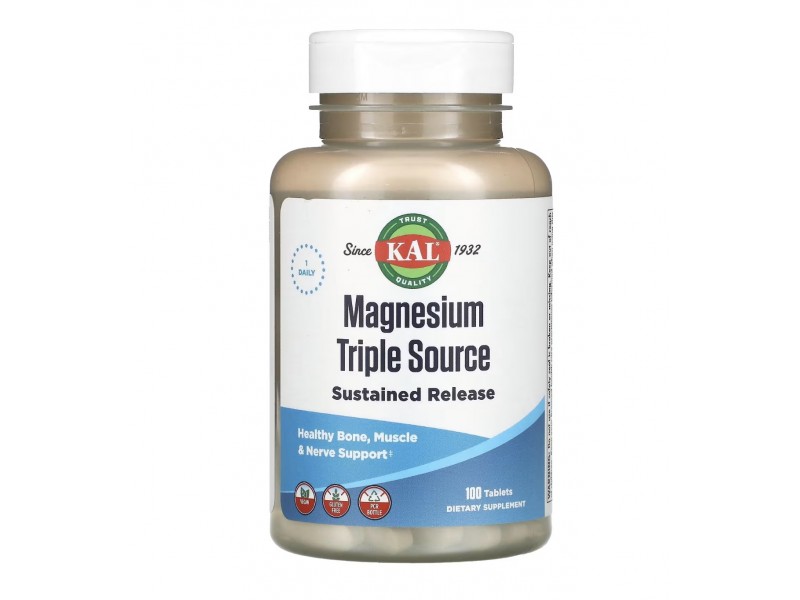 Магний, Magnesium Triple Source SR, KAL, 500 мг, 100 таблеток