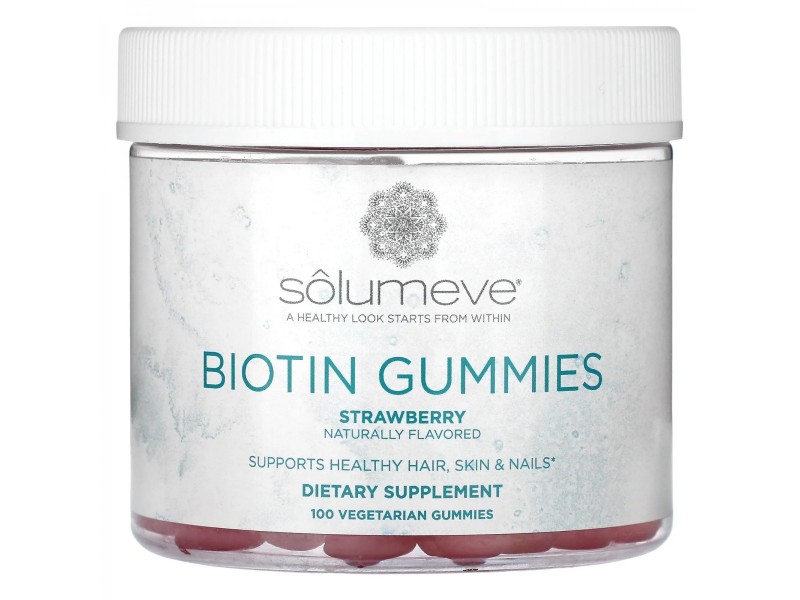 Solumeve, жевательные конфеты с биотином, без желатина, вкус клубники, 5000 мкг, 100 шт