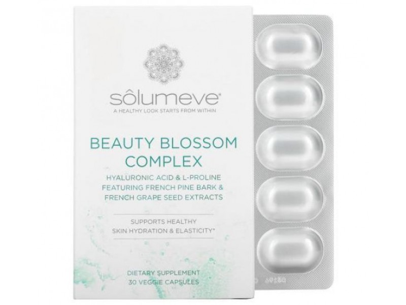 Solumeve, Beauty Blossom, комплекс для увлажнения кожи и выработки коллагена, 30 растительных капсул.